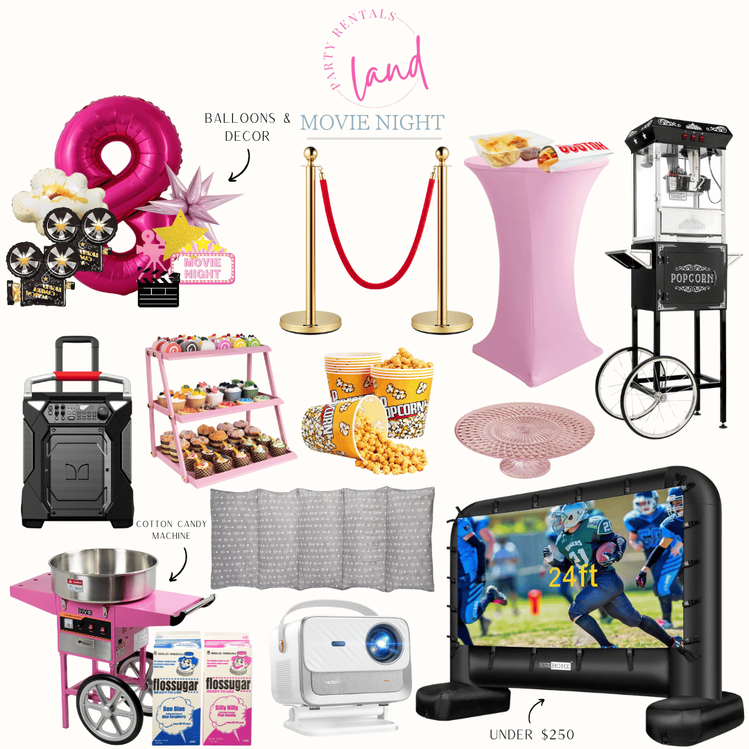 movie night essentials, large number 8 balloon, popcorn balloon, movie camera balloon, tiered pink serving stand, portable speaker, cotton candy machine, projector, pink glass cake stand, vintage popcorn machine, pink cocktail table cover