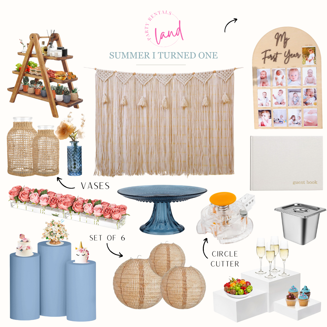 summer I turned one, wood serving tower, woven vases, blue vases, rectangular flower vase, plinth covers, backdrop, cake platter, paper lanterns, white food risers, round cutter, warmer pans