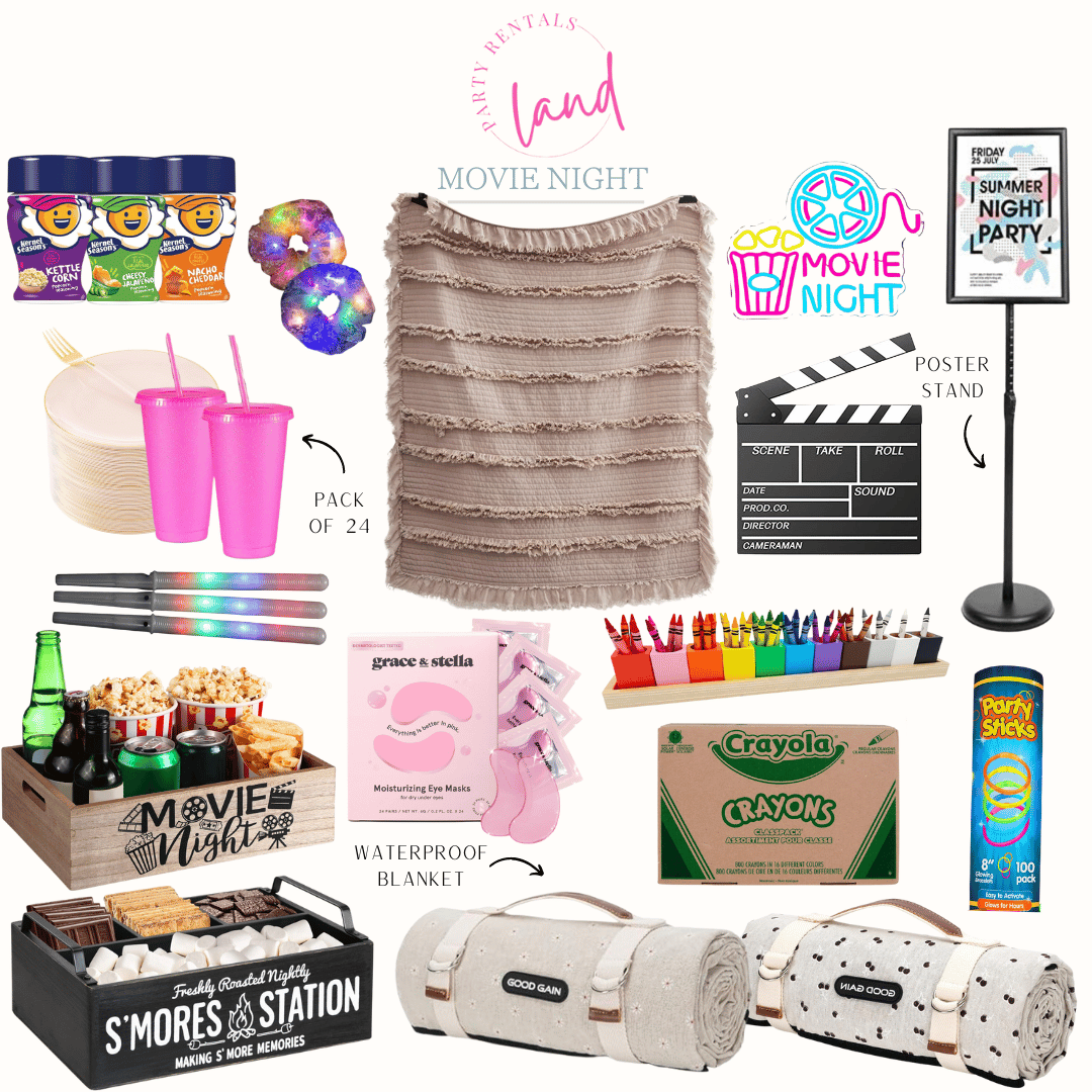 popcorn seasoning, pink reusable cups, plastic plates, LED cotton candy cones, wooden snack holder, black s'mores snack holder, under eye mask, outdoor blanket, throw blanket, neon sign, movie decor