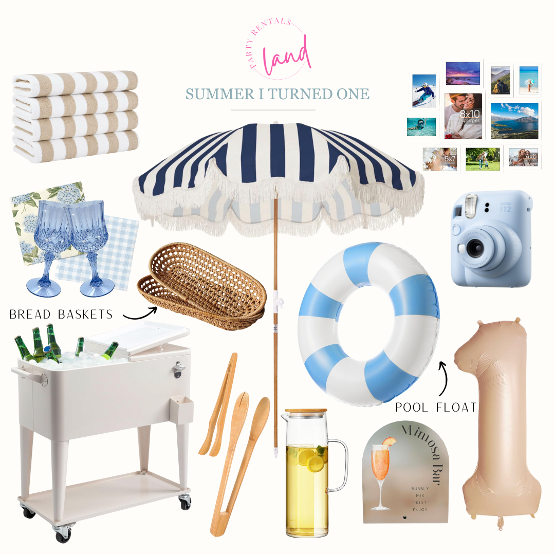 summer i turned one collage, pool towels, blue goblets, rolling cooler cart, wicker bread baskets, patio umbrella, pool tube, number 1 baloon, polaroid camera, photo frames collage wall, pitcher, serving utensils