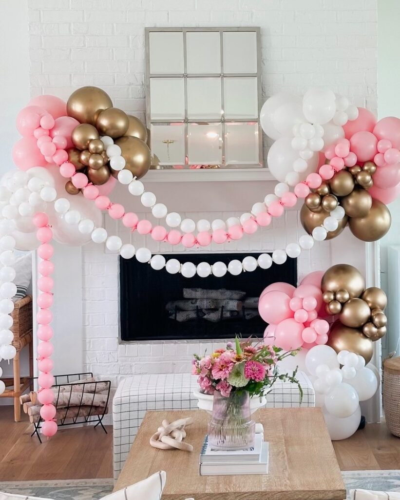 valentine's day blog, valentine's day decor, galentines party, valentines party, balloons, bow balloons, pink balloons, light pink, white balloons, gold balloons, coquette party 