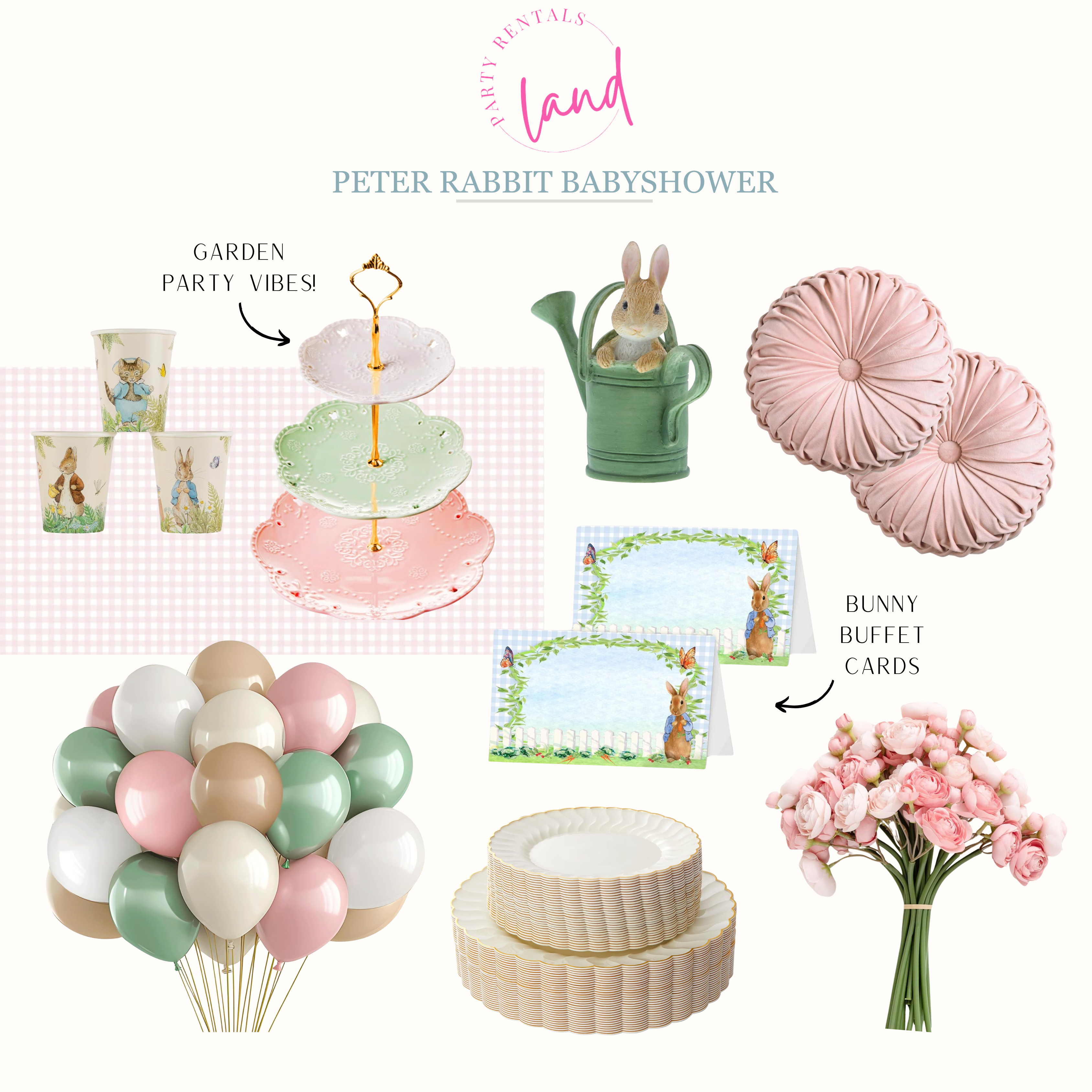 Little Bunny On The Way | A Peter Rabbit Inspired Baby Shower: baby shower,peter rabbit decor, boho decor, party rental, balloons, carrots, faux florals, tablescapes, spring colors, pastels, baby girl shower