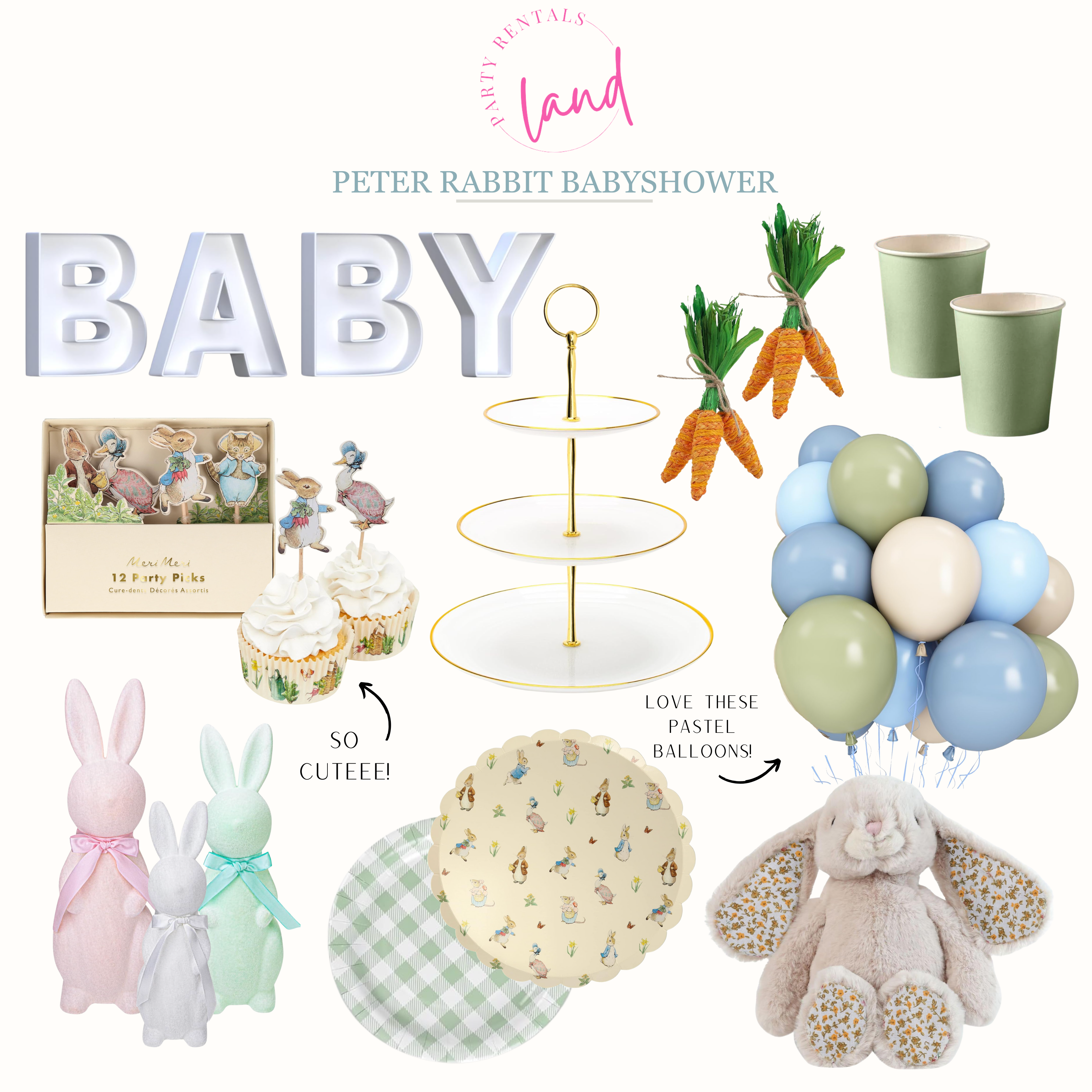 Little Bunny On The Way | A Peter Rabbit Inspired Baby Shower: baby shower,peter rabbit decor, boho decor, party rental, balloons, carrots, faux florals, tablescapes, spring colors, pastels, baby girl shower