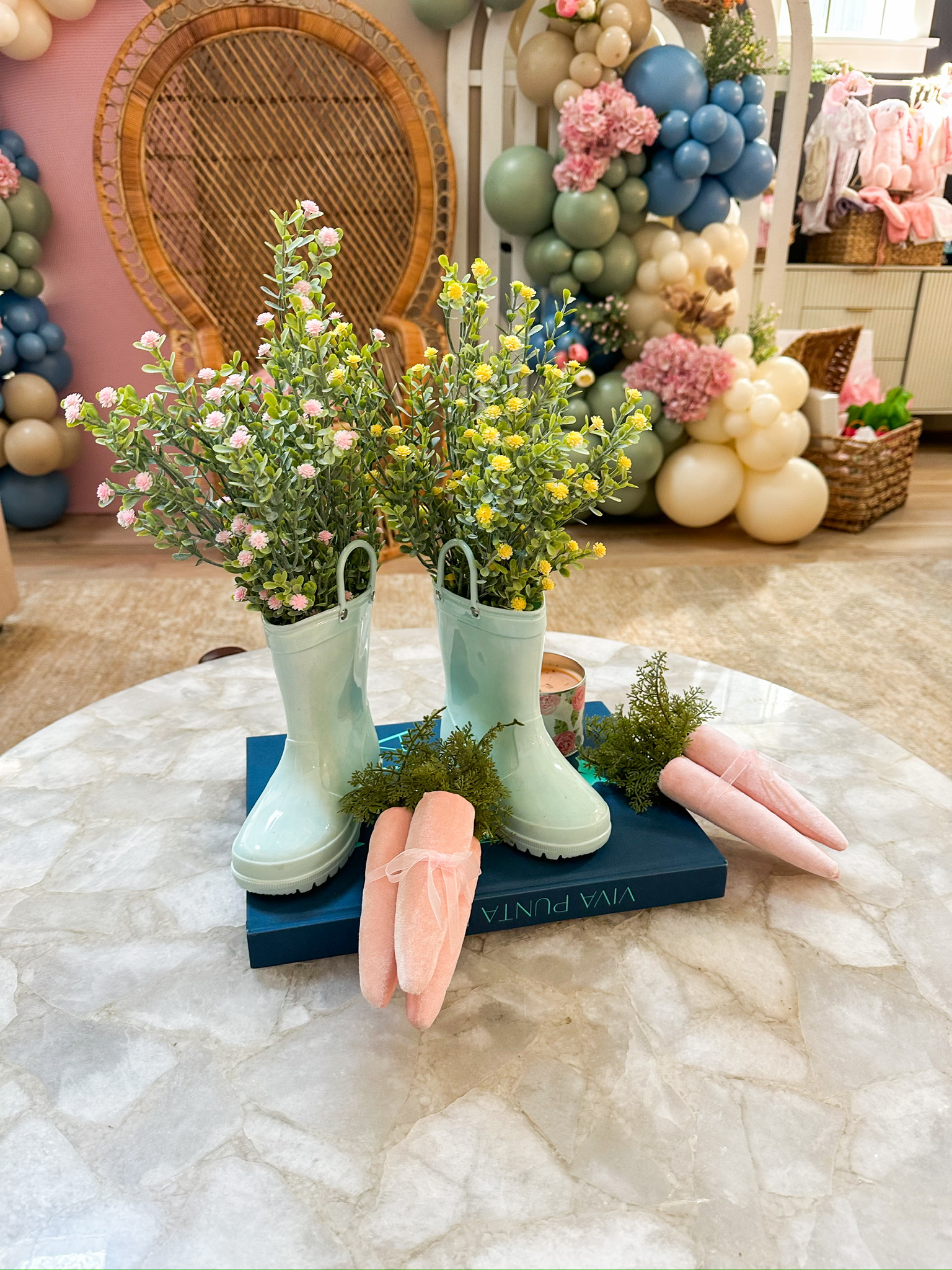 Little Bunny On The Way | A Peter Rabbit Inspired Baby Shower: baby shower,peter rabbit decor, boho decor, party rental, balloons, carrots, faux florals, tablescapes, spring colors, pastels, baby girl shower